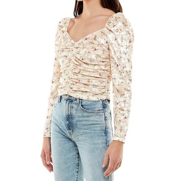 NWT WAYF Top Closing Time Ruched Floral Velvet Blouse Cream Women’s Size Large - Picture 13 of 13